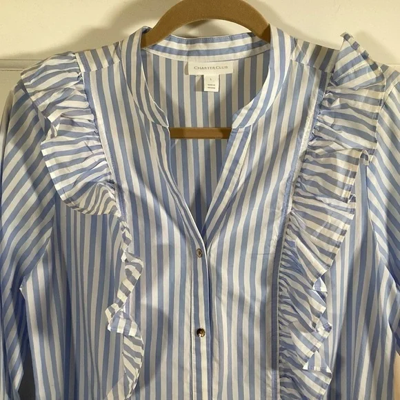 Charter Club Women’s Blue And White Striped Long Sleeve Button Up Blouse. Size L - Picture 3 of 6